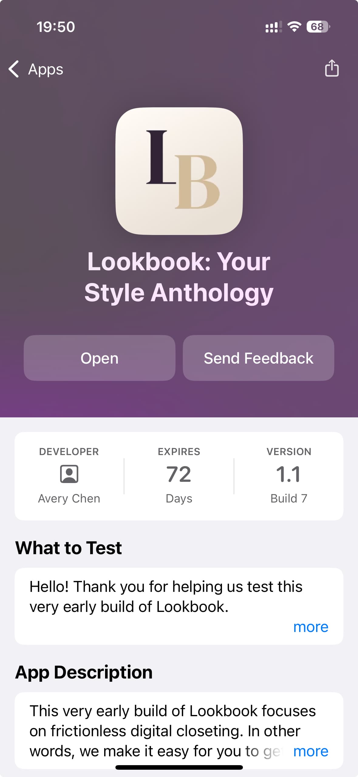 Lookbook TestFlight screen